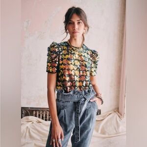 RARE Sezane Black Multicolor Floral Sequin Puff-Sleeve Top